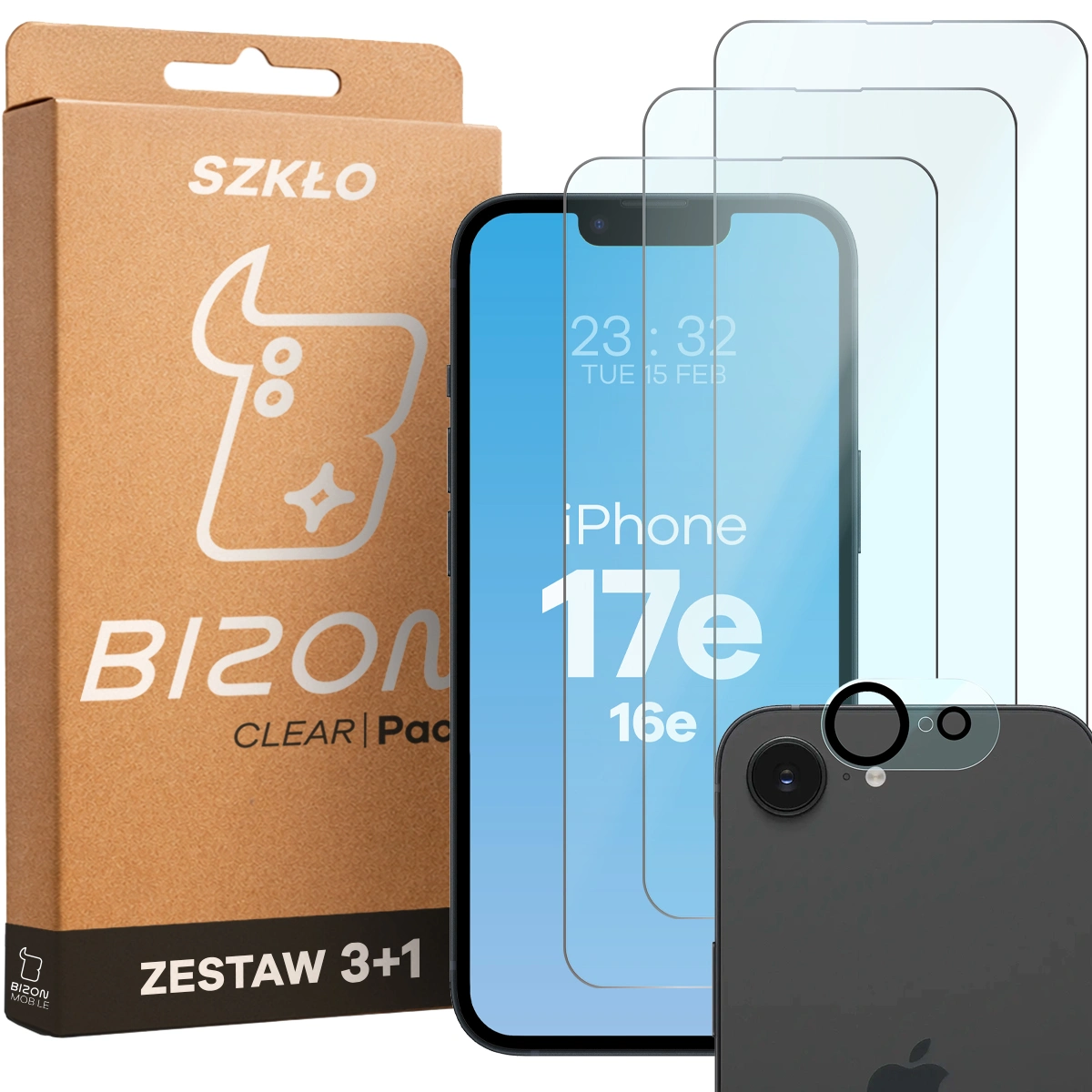 Pudełko i zestaw szkieł do Apple iPhone 17e / Apple iPhone 16e: 2x szkło hartowane i lens